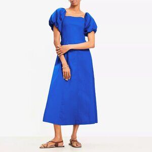 Seamed Puff Sleeve Midi Pocket Dress